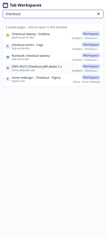 Search results for “checkout”: pages from two workspaces, a template and History