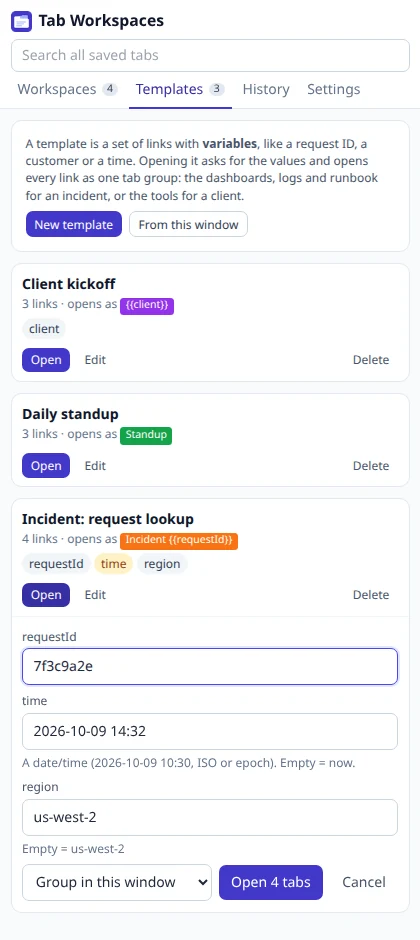 The “Incident: request lookup” template asking for requestId, time and region before opening 4 tabs